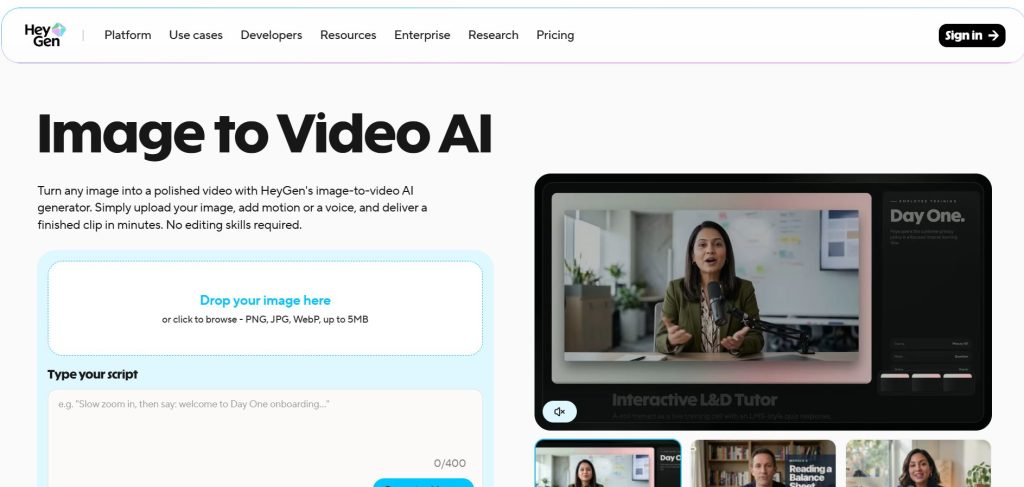 Image | turn photos into video reels or product videos | entheosweb Hero section of heygens image to video ai with a large upload area labeled drop your image here and a preview video on the right Image