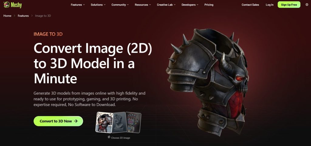 Image | best 2d to 3d converters | entheosweb Hero banner showing a spiked armored dragon head on the right with bold white text announcing convert image 2d to 3d model in a minute on a dark red gradient background Image