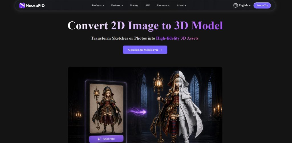 Image | best 2d to 3d converters | entheosweb Hero section showing a dark site with a bold convert 2d image to 3d model headline and a purple generate 3d models free button emphasizing the tools purpose informational image