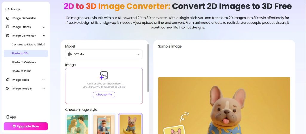 Image | best 2d to 3d converters | entheosweb Ui for a 2d to 3d image converter showing a left navigation menu and a main panel with a sample image of a dog on the right Image