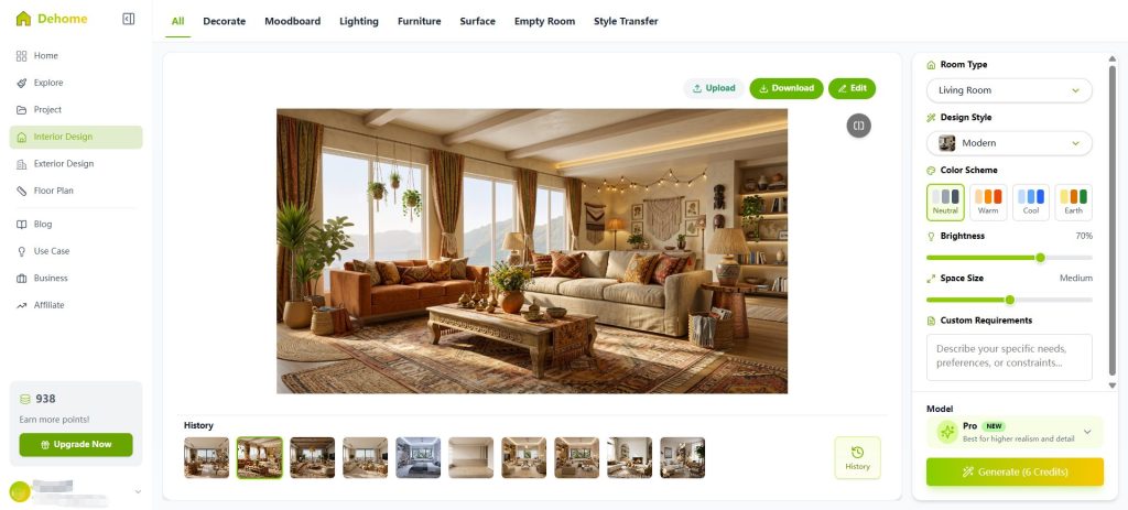 Cozy bohemian living room with large windows greenery and warm earthy tones around a wooden coffee table Image