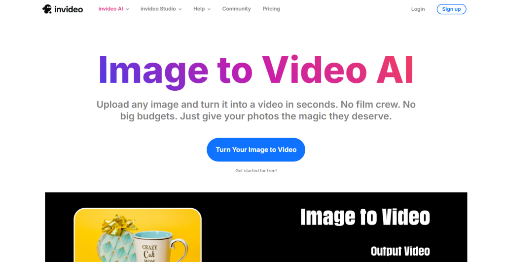 Image | turn photos into video reels or product videos | entheosweb Hero header with gradient text image to video ai subtitle about turning images into videos and a blue rounded button reading turn your image to video Image