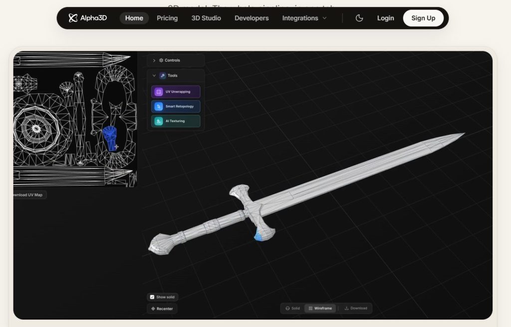 Image | best 2d to 3d converters | entheosweb 3d modeling workspace showing a wireframe sword on a grid with tool panels and settings on the left Image