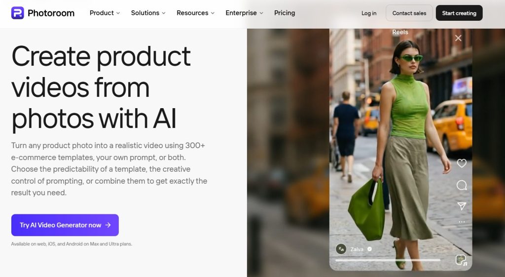 Image | turn photos into video reels or product videos | entheosweb Hero section promoting ai video creation from photos left side headline about product videos with descriptive paragraph and a purple call to action button right side shows a city street video frame with a woman in a lime green top carrying a green bag Image
