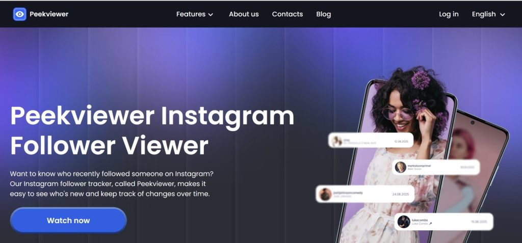 Hero banner for peekviewer instagram follower viewer with a smiling woman on a phone against a purple gradient background and a blue watch now button Image