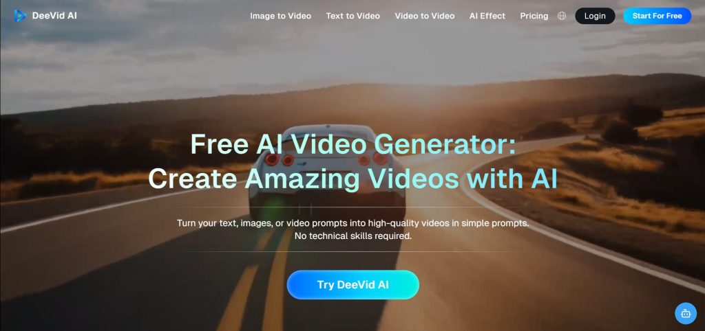 Image | turn photos into video reels or product videos | entheosweb Hero banner for deevid ai with a car on a winding highway at sunset and large aqua headline about free ai video generator create amazing videos with ai Image