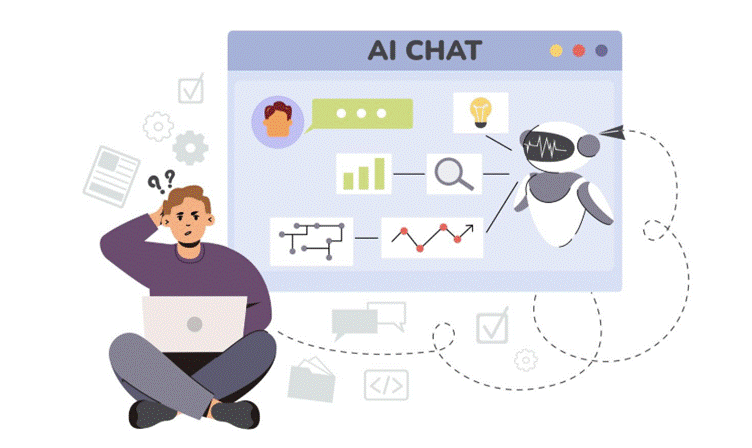 Image | the most dangerous ai bugs never show up in your accuracy tests | entheosweb Person with a laptop watches an ai chat dashboard showing charts and icons with a friendly robot on the screen informative image