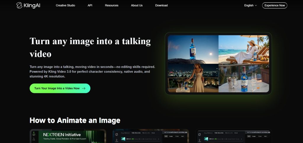 Image | turn photos into video reels or product videos | entheosweb Hero banner showing a rounded device screen with a four panel collage bottle of kling ai on a beach city lights and drinks illustrating the product feature to turn images into talking videos Image