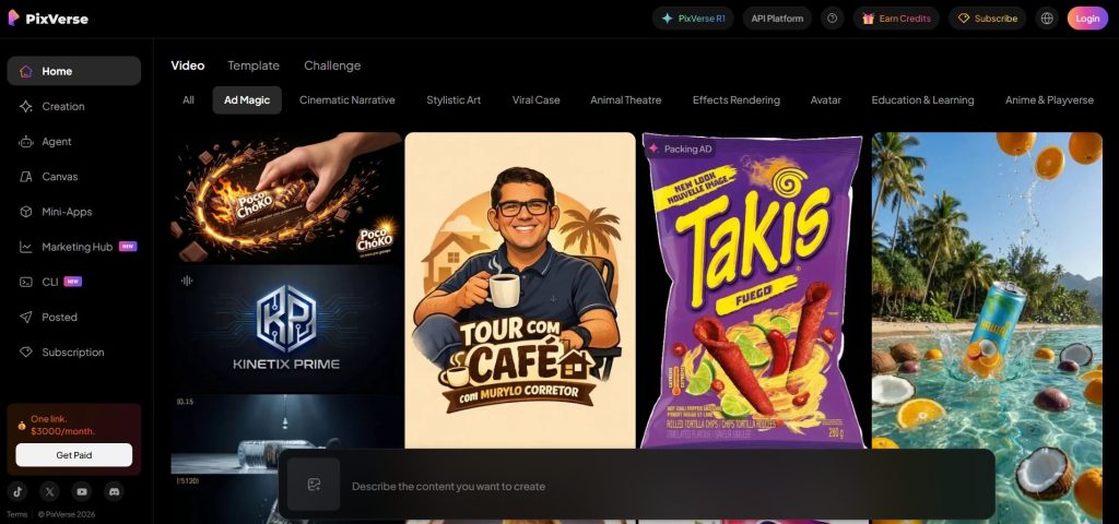 Image | turn photos into video reels or product videos | entheosweb Pixverse dashboard with a dark theme left navigation menu and a grid of video templates chocolate ad cartoon cafe takis chips tropical beach scene Image