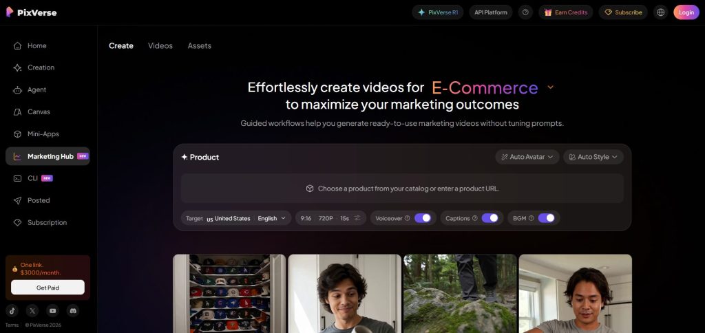 Image | turn photos into video reels or product videos | entheosweb Dark dashboard hero showing pixverse create page with left navigation and a large headline about creating marketing videos for e commerce Image