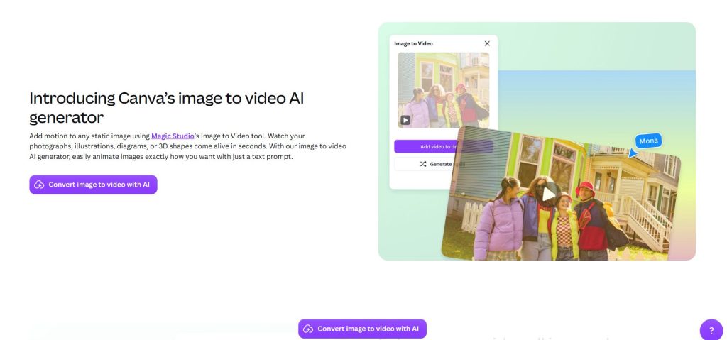 Image | turn photos into video reels or product videos | entheosweb Promotional hero showing canvas image to video ai generator with a purple call to action button on the left and a video editor mockup on the right set against a gradient background Image