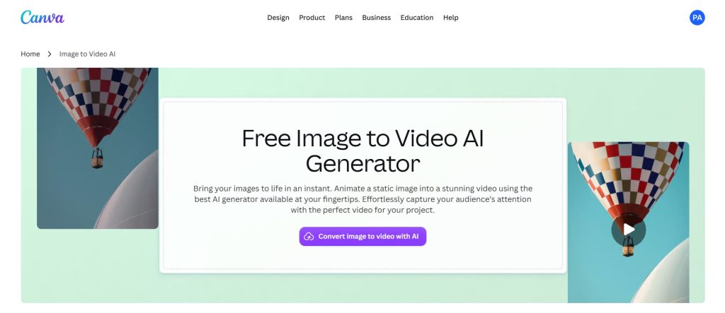 Image | turn photos into video reels or product videos | entheosweb Canva style hero banner announcing a free image to video ai generator with mint background and balloon photos on the sides Image