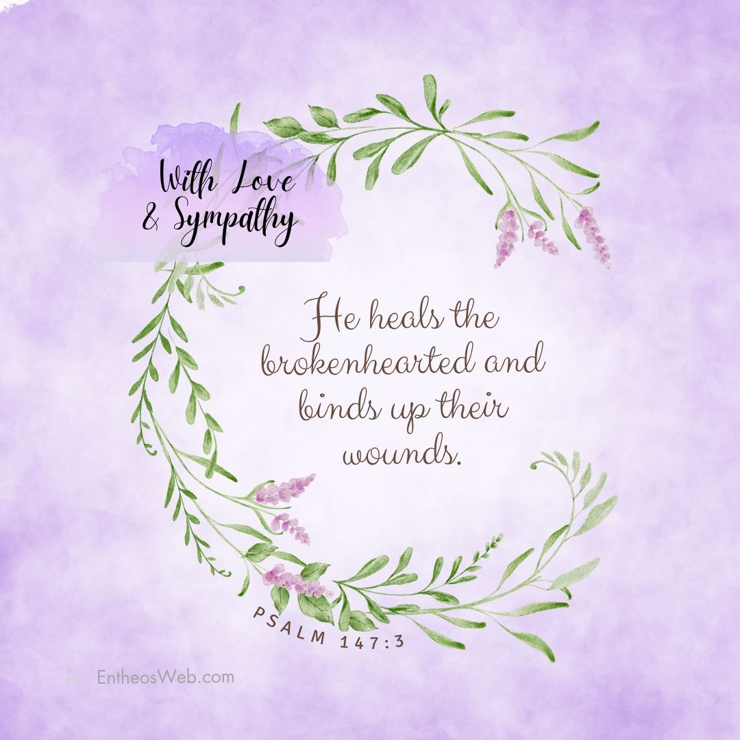 With love sympathy bible verse | christian condolence sympathy messages with bible verses | entheosweb Purple watercolor background with a green floral wreath and the message with love sympathy and psalm 1473 With love sympathy bible verse