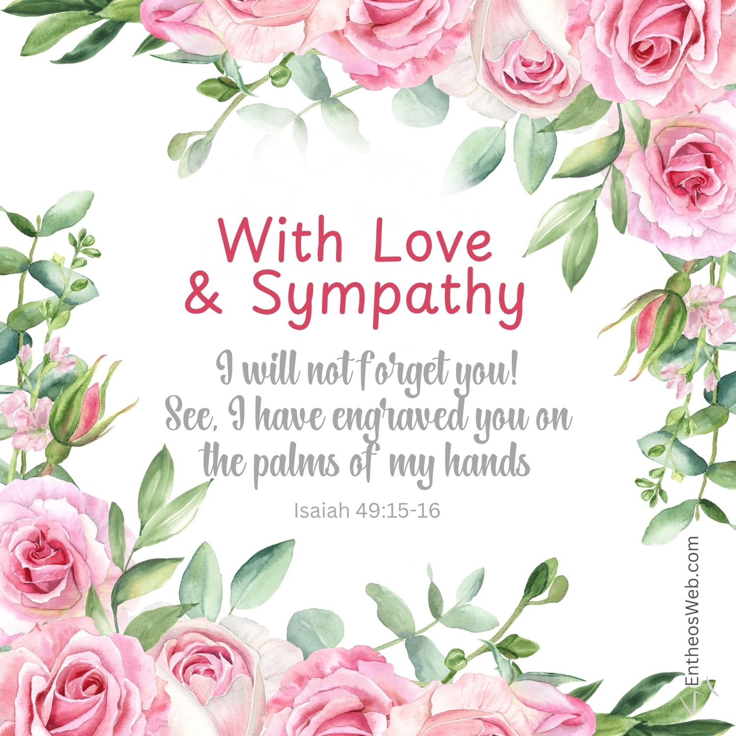 With love sympathy i will not forget you | christian condolence sympathy messages with bible verses | entheosweb Floral sympathy card with pink roses and the message with love sympathy plus isaiah 4915 16 text With love sympathy i will not forget you