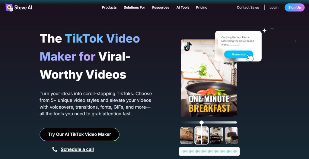 Hero section introducing the tiktok video maker for viral worthy videos on a dark gradient background with a right side video mockup and a generate button plus a prominent cta to try the ai tiktok video maker 1b65df8d d303 4013 983f 5e7cdec0c238