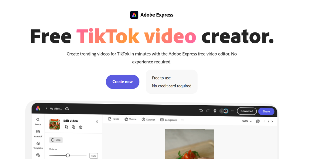 Adobe express landing hero large text says free tiktok video creator with a small adobe express logo above and a subtitle about creating trending tiktok videos for free no experience required 27a029f7 d144 44f7 91c5 3b13a4d9975a