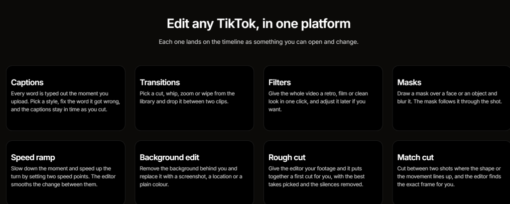 Tiktok editing dashboard showing eight tool cards captions transitions filters masks speed ramp background edit rough cut match cut on a dark ui panel 31be5ba2 39c9 4864 933a 2b4a4912dc4c