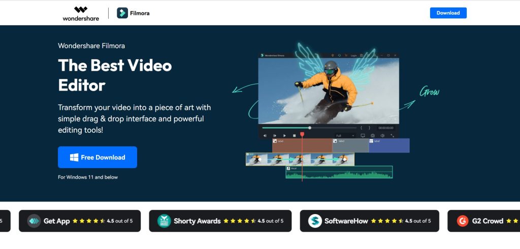 Wondershare filmora hero banner dark blue background large the best video editor headline with supporting text and a right side screenshot of the editor interface with a skier scene 3b7ebf5e c81a 49fb bd4e 2265a1eb1d10