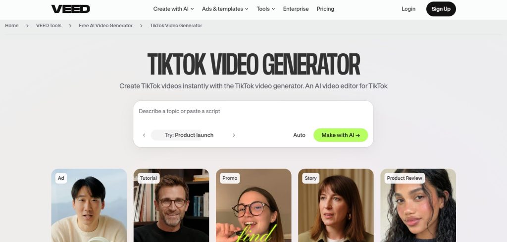 Veed tiktok video generator homepage hero large bold title subtitle and a rounded white search panel followed by category tiles labeled ad tutorial promo story product review in a pale gallery 71db6a69 5f5d 49dd 92b9 1ed07266a4d7