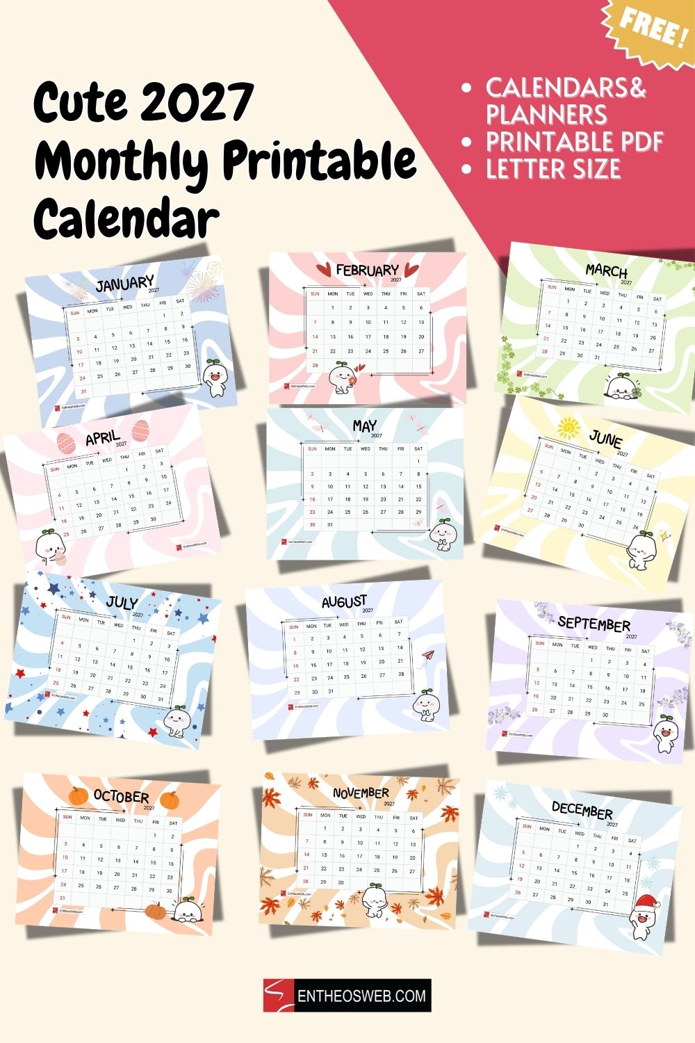 Cute 2027 printable monthly calendar pin | cute 2027 printable monthly calendar | entheosweb Collage of 12 pastel monthly calendar pages for 2027 with cute characters includes a free badge Cute 2027 printable monthly calendar pin