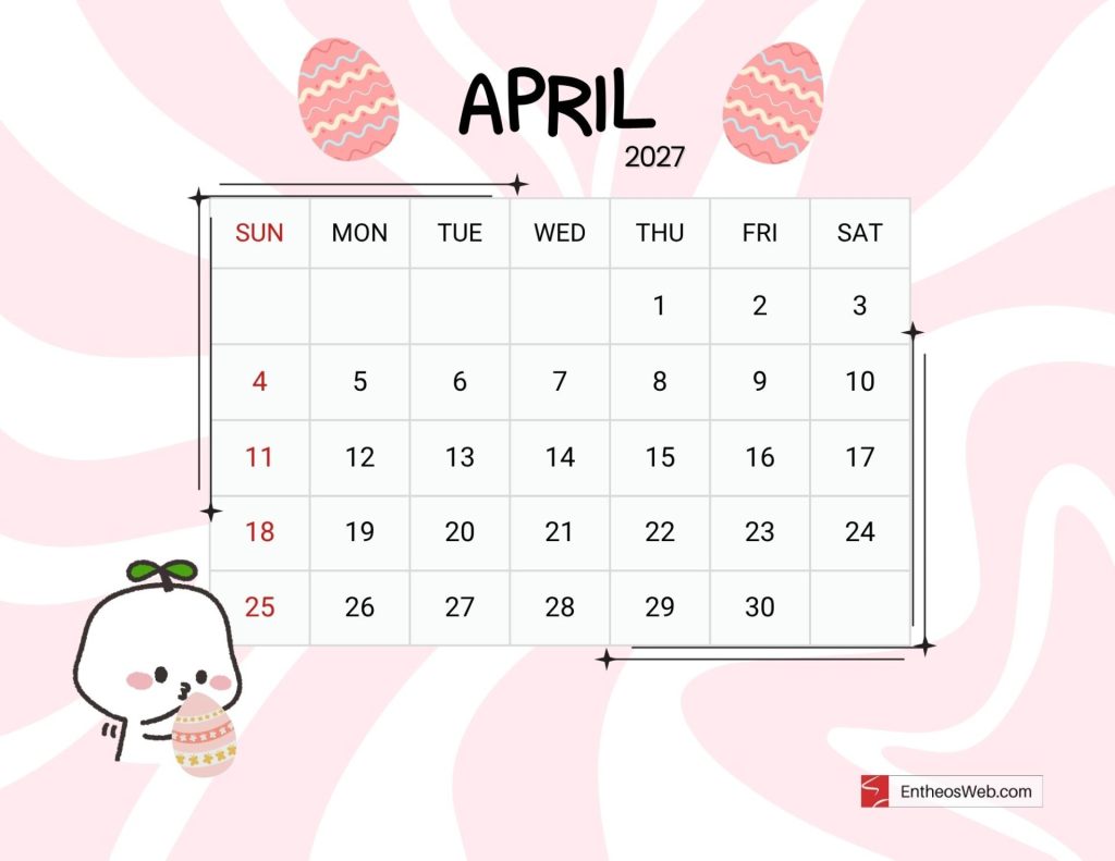April 2027 calendar grid with sundays highlighted in red and easter themed background art cute april 2027 printable calendar