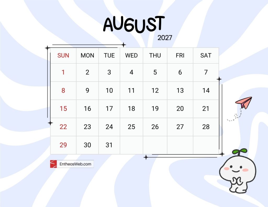 August 2027 calendar page with a grid of dates sundays shown in red decorative blue background and a small mascot at bottom right Cute august 2027 printable calendar