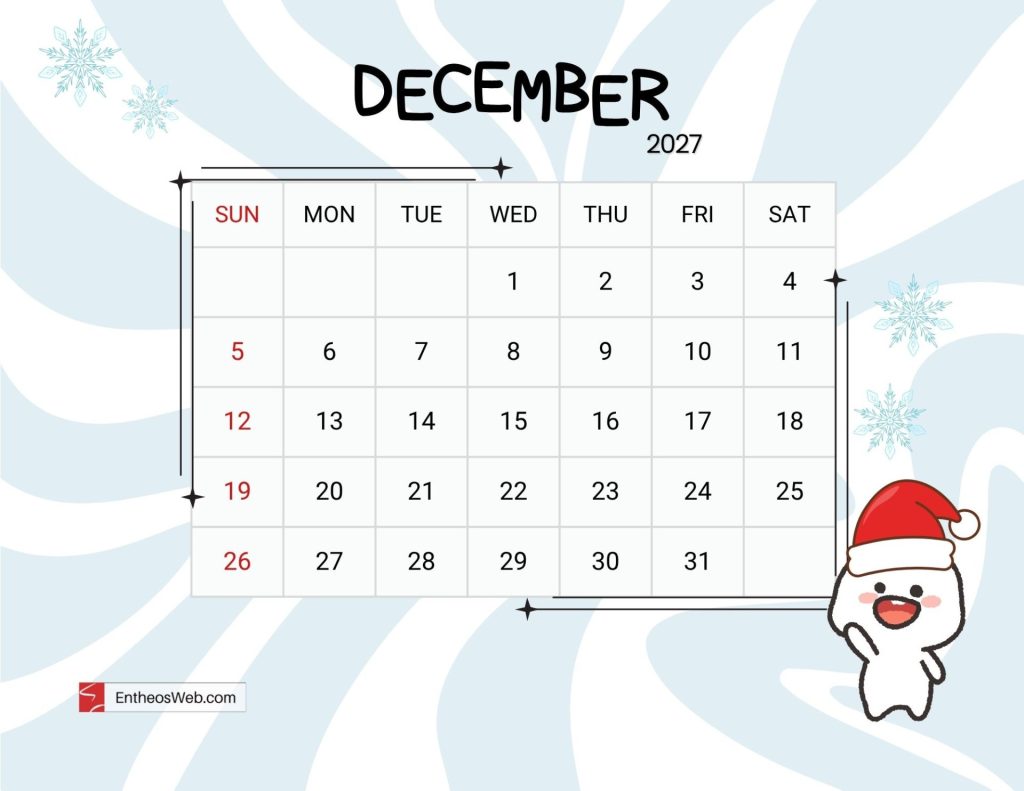 December 2027 calendar grid showing sundays in red with santa in the bottom right corner and light winter background cute december 2027 printable calendar