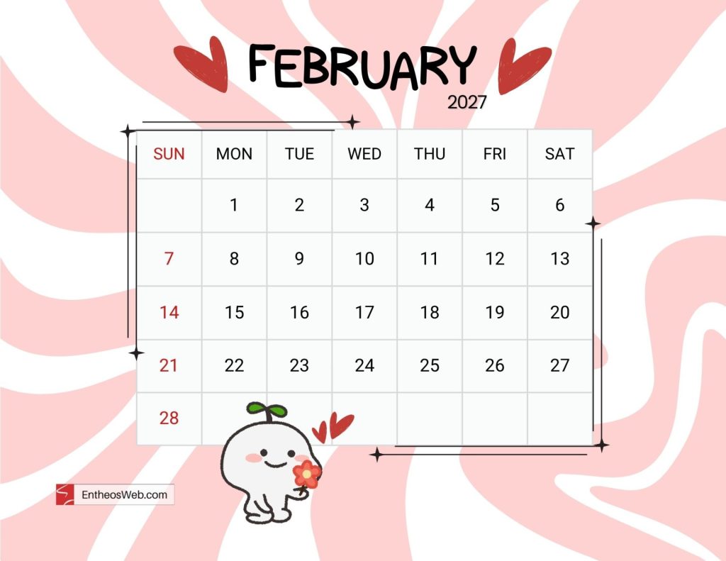 February 2027 calendar grid on a pink swirled background with sundays in red and a cute white cartoon character holding a flower near the bottom edge Cute february 2027 printable calendar