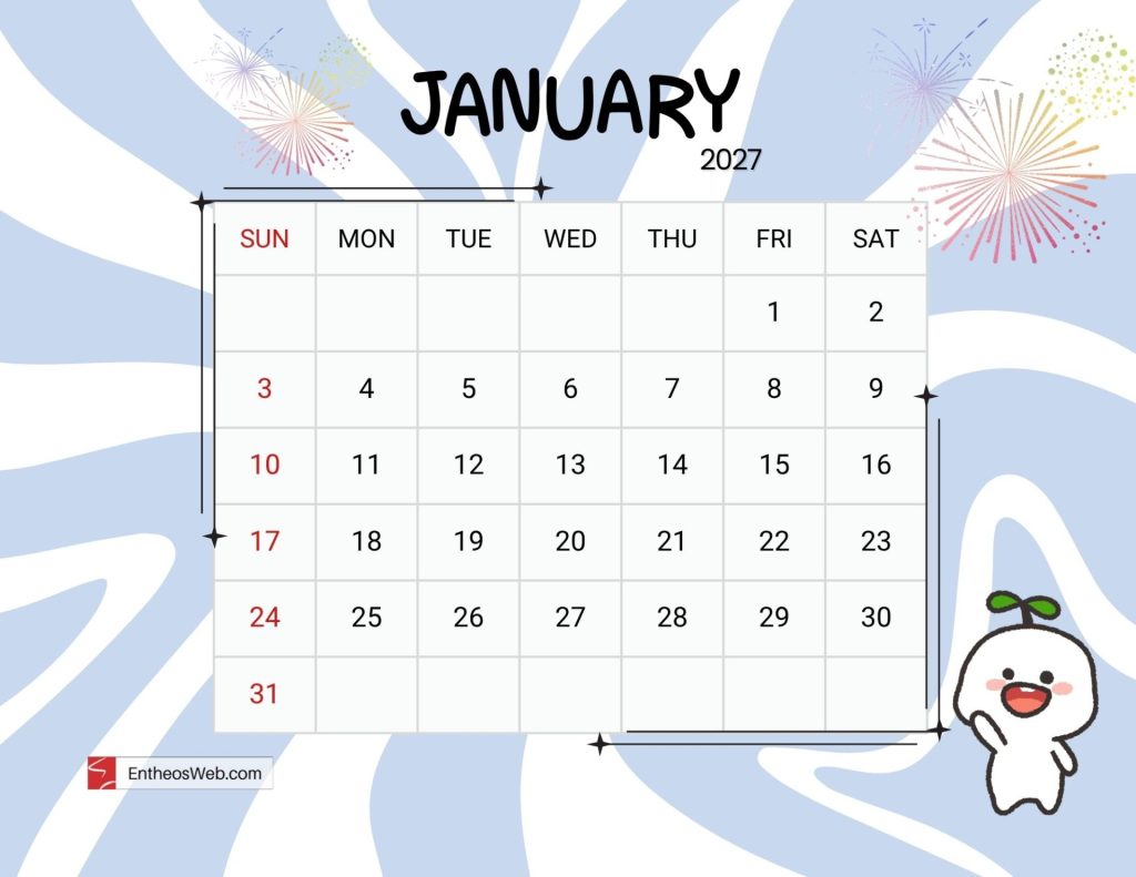 Calendar page for january 2027 with a decorative fireworks background and a cute white mascot on the right grid shows days of the month with sundays in red Cute january 2027 printable calendar