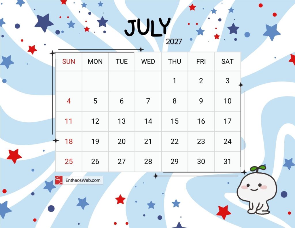 July 2027 calendar page on a blue starry background sundays in red dates 131 visible with a cute white cartoon character bottom right Cute july 2027 printable calendar