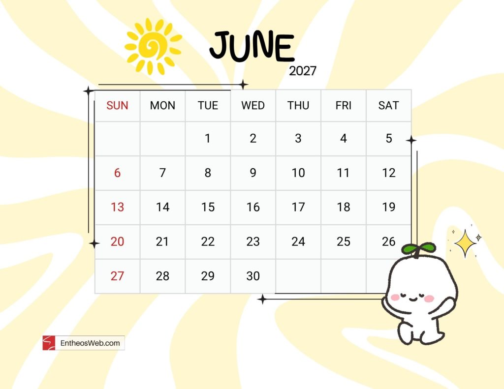 June 2027 calendar page with a day grid sundays in red and a cute cartoon character against a yellow sunburst background Cute june 2027 printable calendar