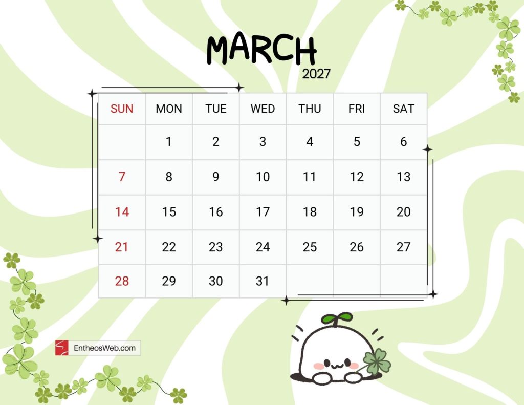 March 2027 calendar with sundays in red days 131 in a grid on a green shamrock background Cute march 2027 printable calendar