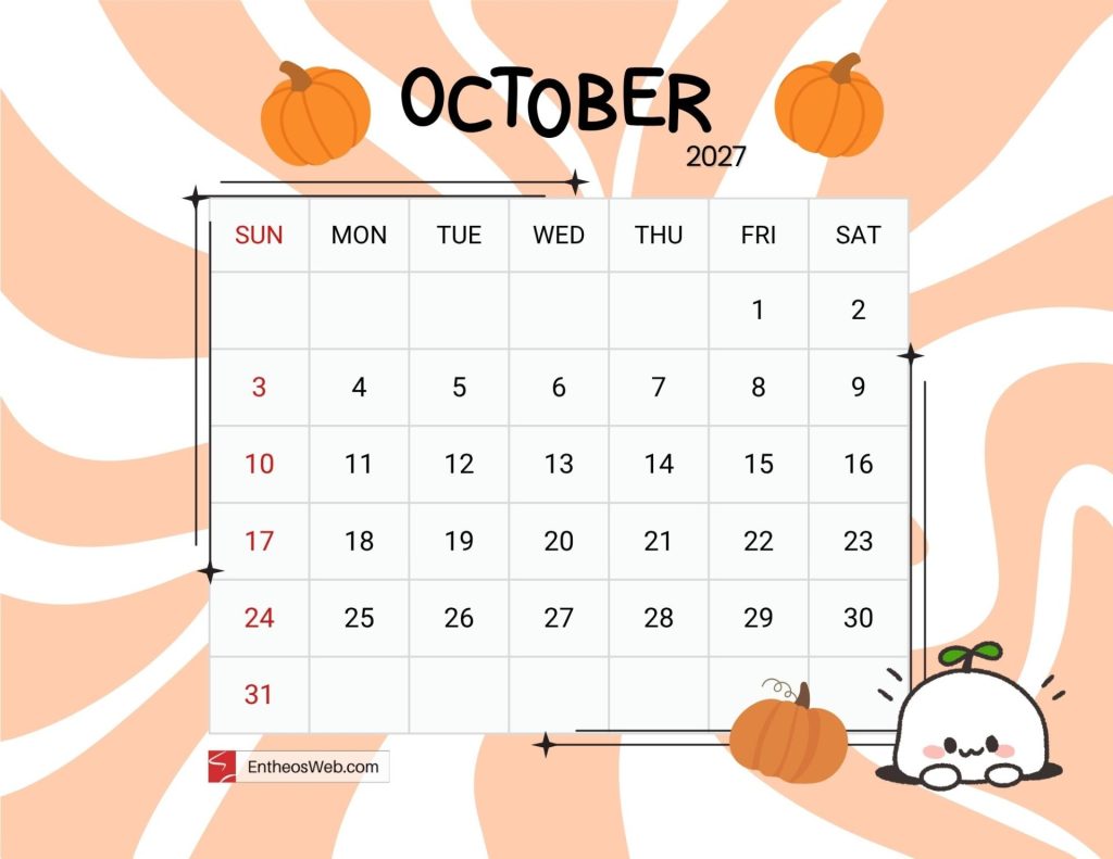 October 2027 calendar page with a grid of dates and small pumpkin decorations on an orange abstract background sundays in red Cute october 2027 printable calendar