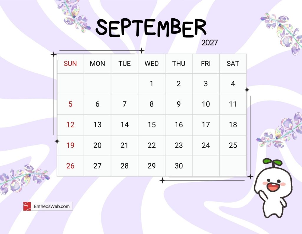 September 2027 calendar page showing day grid sunsat with dates 130 sundays in red on a lavender decorative background Cute september 2027 printable calendar