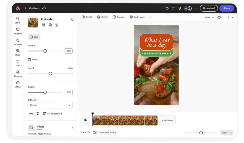 Video editing app interface with left control panel and a vertical preview video showing a tomato toast thumbnail labeled what i eat in a day D98780ce 080e 49a3 9918 18878b4d83da