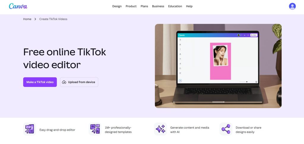 Canva homepage hero text free online tiktok video editor with a laptop showing the editor on a lavender background E543c08e 505d 43ea 9424 54aa27bab904