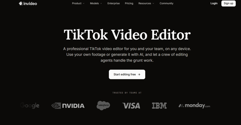 Hero banner for invideo tiktok video editor with bold title descriptive subtitle white start editing free button and logos of google nvidia salesforce visa ibm and monday Com F8ee3341 abe3 448b b1a5 8dd99b2b4ae2
