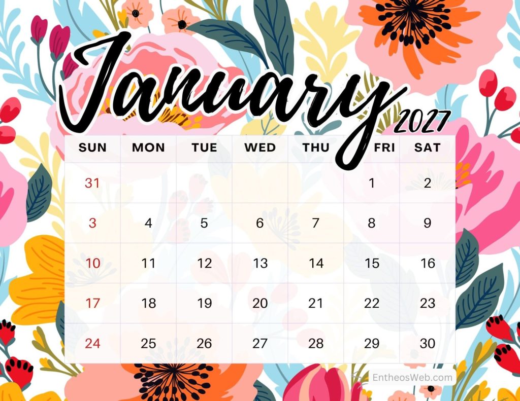 January 2027 calendar page over a bright floral pattern background Floral january calendar 2027