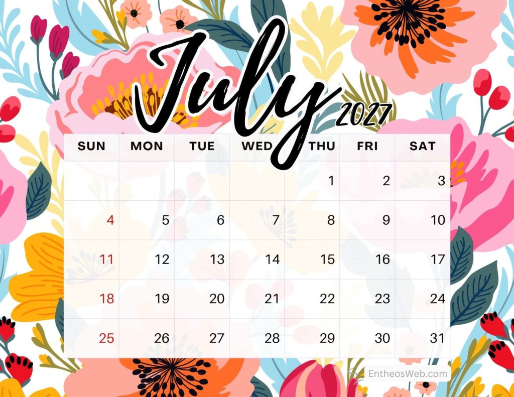 Colorful july 2027 calendar page overlaid on a bright floral background showing a weekly grid with sundays in red Floral july calendar 2027