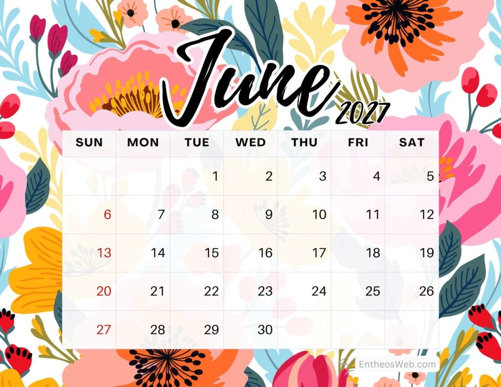 Colorful floral calendar page for june 2027 with a seven day grid showing dates Floral june calendar 2027