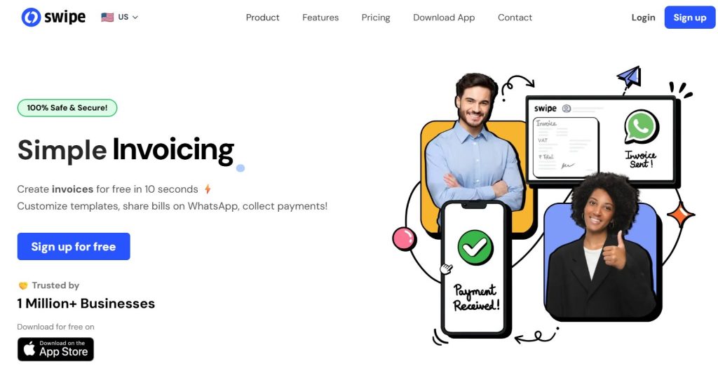 Hero banner for swipe simple invoicing headline with an illustration of people and devices showing invoices and payments plus a prominent sign up for free button Image
