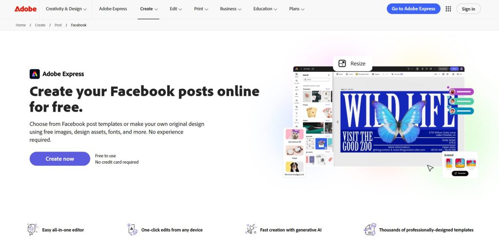 Image | free facebook post creator | entheosweb Adobe express hero banner with headline create your facebook posts online for free and a right side collage of design tools and a create now button image