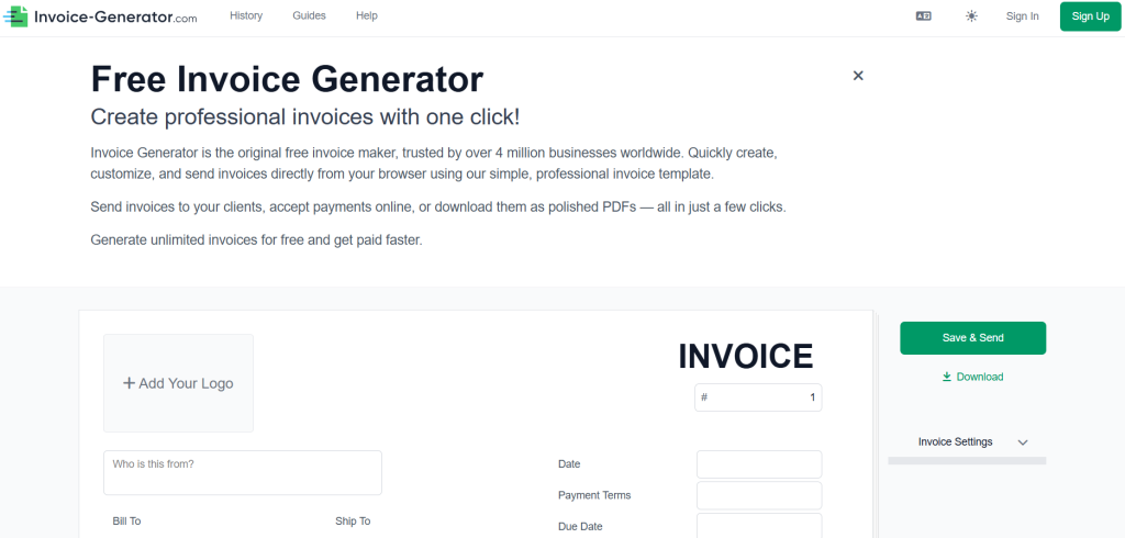 Hero section for free invoice generator with large headline subheading and descriptive text about creating invoices online Image