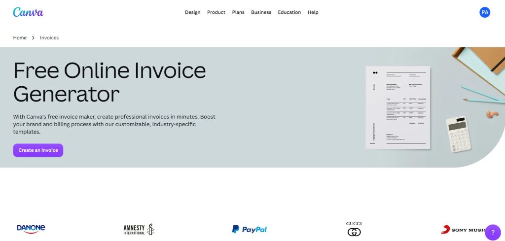Hero banner advertising canvas free online invoice generator large text free online invoice generator subheading purple create an invoice button and an invoice image on the right on a pale blue background Image