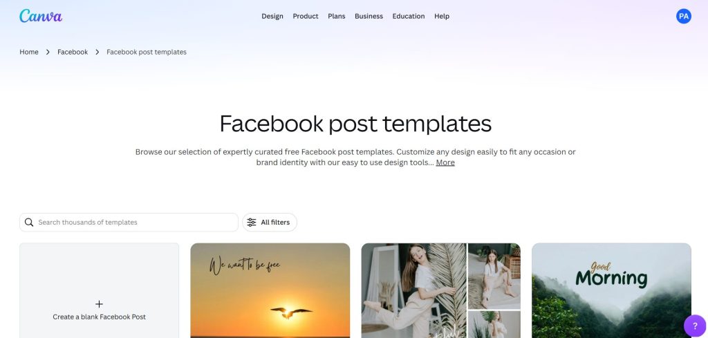 Image | free facebook post creator | entheosweb Gallery page showing canva facebook post templates with a search bar and filters for easy browsing by purpose and style Image