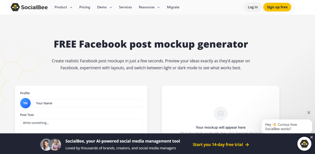 Image | free facebook post creator | entheosweb Hero section of socialbee page announcing a free facebook post mockup generator with a subtitle and two mockup panels below the header Image
