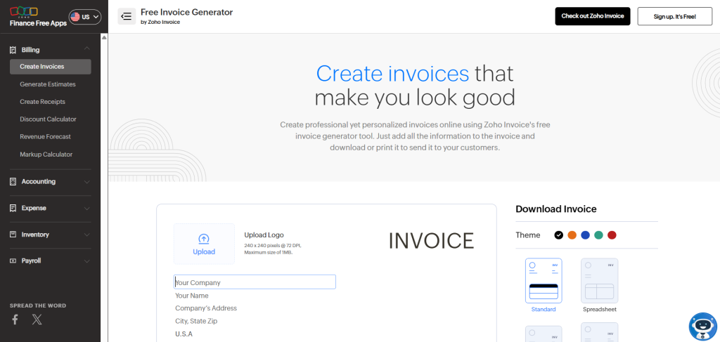 Screenshot of zoho free invoice generator page showing left navigation menu and a large header that says create invoices that make you look good with a form area and download invoice panel on the right Image