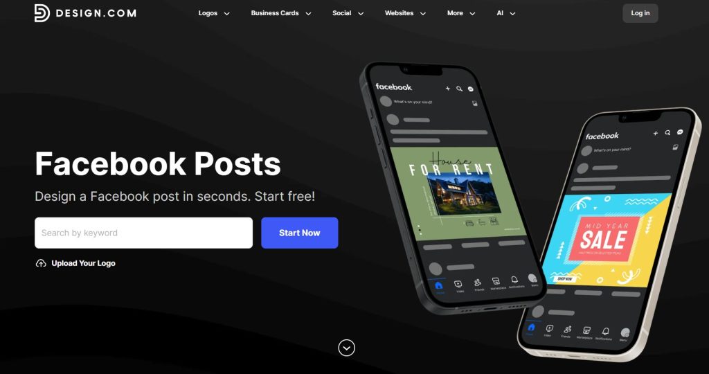 Image | free facebook post creator | entheosweb Dark hero banner showing two tilted smartphones with facebook like posts a bold facebook posts title search field and start now button on the left and upload your logo option beneath Top nav with logo Image