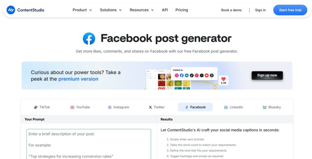 Image | free facebook post creator | entheosweb Contentstudio facebook post generator page with top navigation large facebook post generator heading a light blue promo banner and a two column promptresults area Image