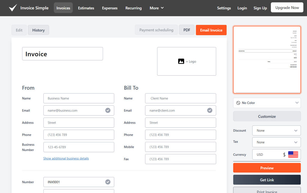 Invoice editor ui with from and bill to sections logo placeholder and a right sidebar with customization options Image